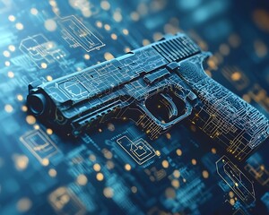 Cyber Weapon: Digital Gun on Circuit Board.