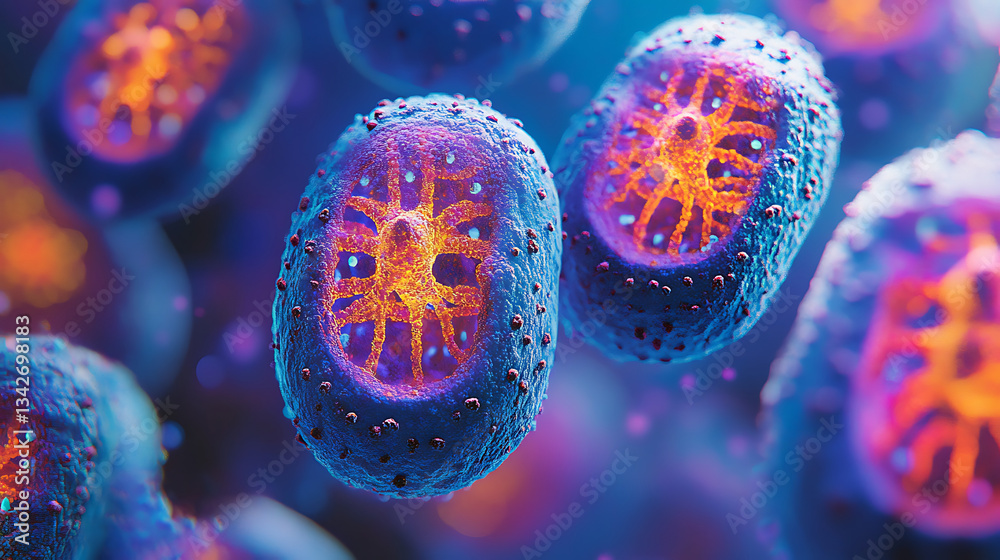 Poster vibrant microscopic view of cells showcasing intricate structures and colors, representing the beaut