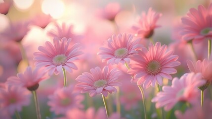 A vibrant field of delicate pink daisies, their petals like tiny stars, bathed in the soft glow of a soft pink background.