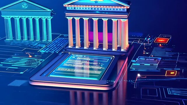 Digital banking visualization with futuristic architectural design concept for finance