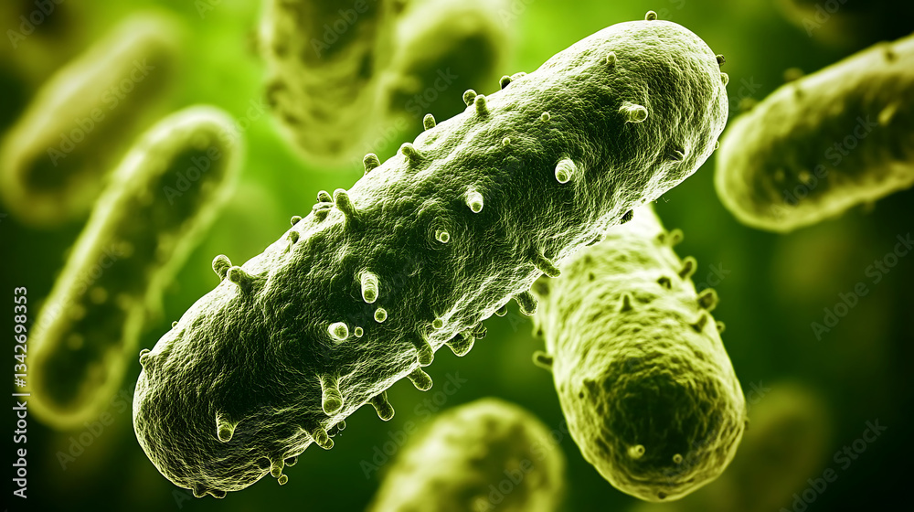 Poster microscopic view of bacteria, showcasing vibrant green colors and intricate cellular structures in a