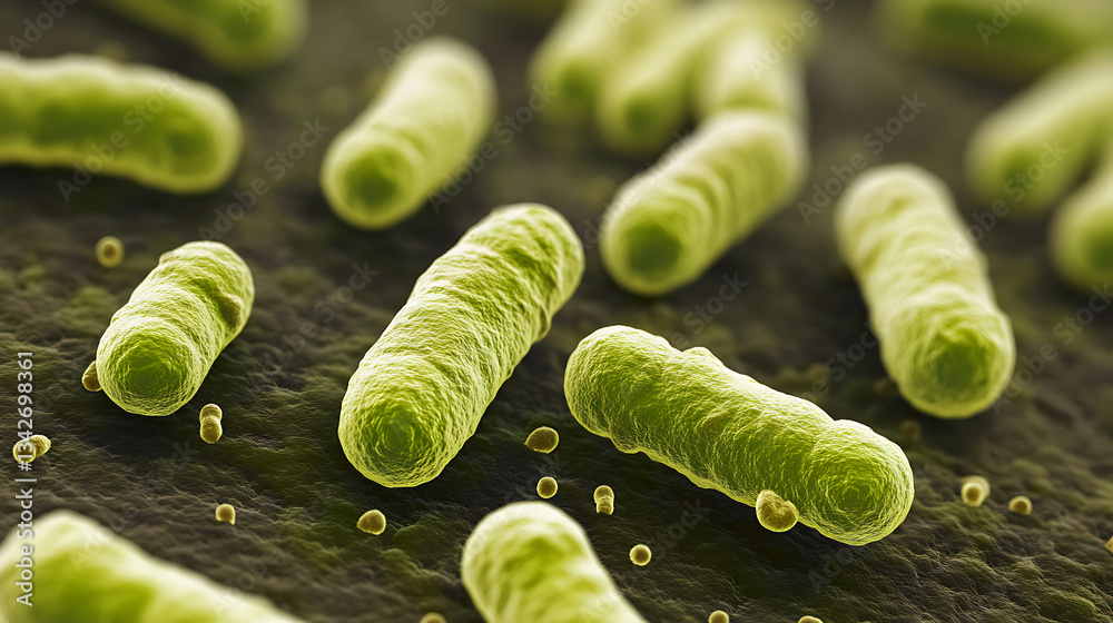 Poster a close-up view of green bacteria, showcasing their unique shapes and textures under a microscope