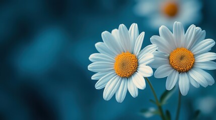 Fototapeta premium Two delicate daisy flowers, their petals the hue of a summer sky, stand in stark contrast against a deep blue background, their cheerful faces a testament to the simple joys of nature.