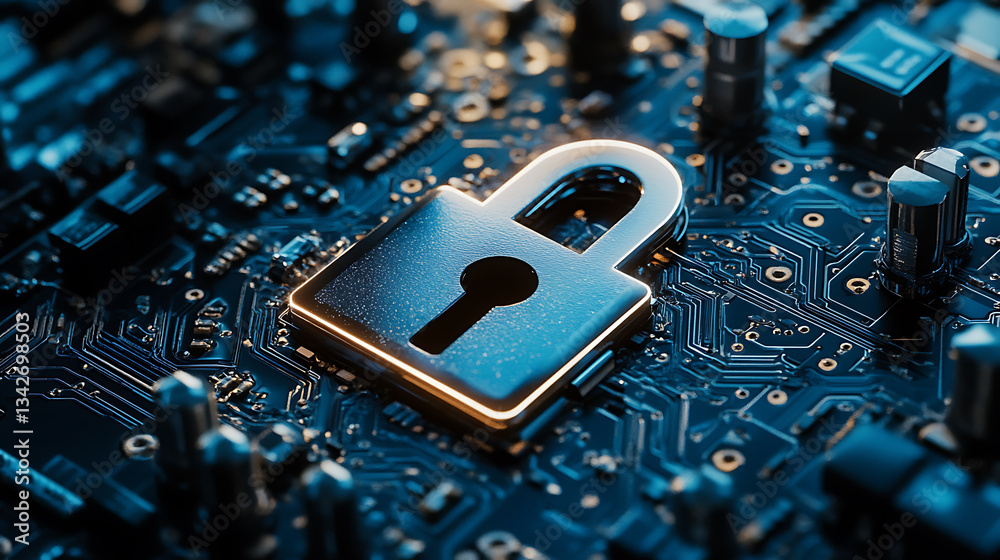 Poster a close-up of a metallic padlock on a complex circuit board, symbolizing digital security and techno
