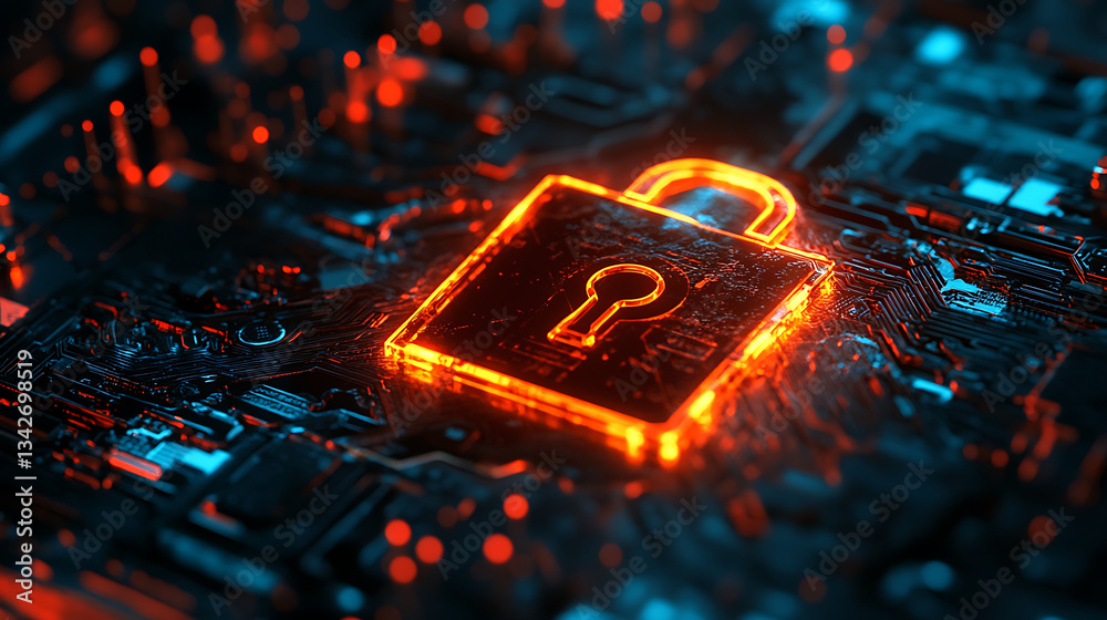 Poster a glowing padlock symbol amidst a digital circuit backdrop, representing cybersecurity and data prot