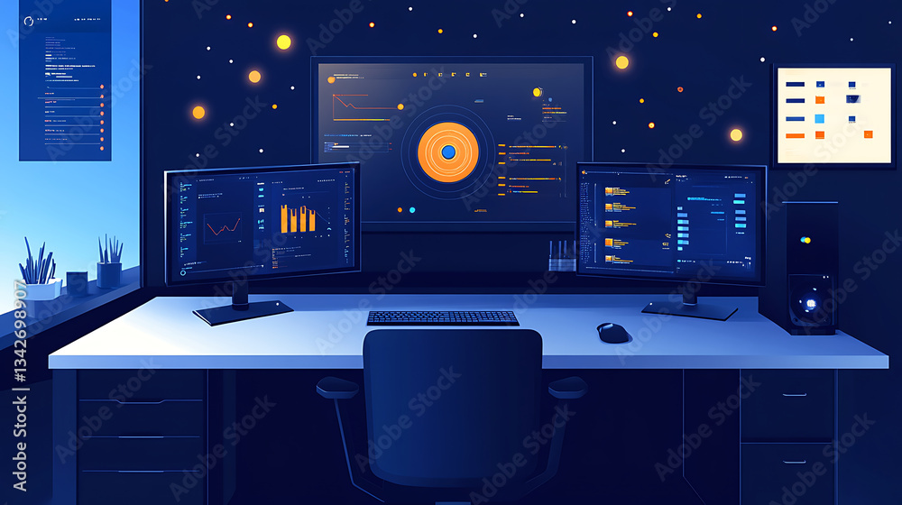 Poster A modern workspace with dual monitors displaying data analytics, set against a dark, starry background, emphasizing technology and productivity