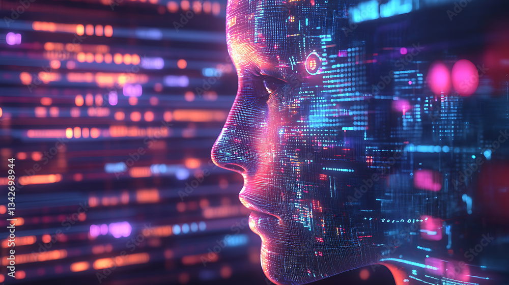 Poster A futuristic digital face composed of colorful data streams, representing the convergence of technology and human-like AI