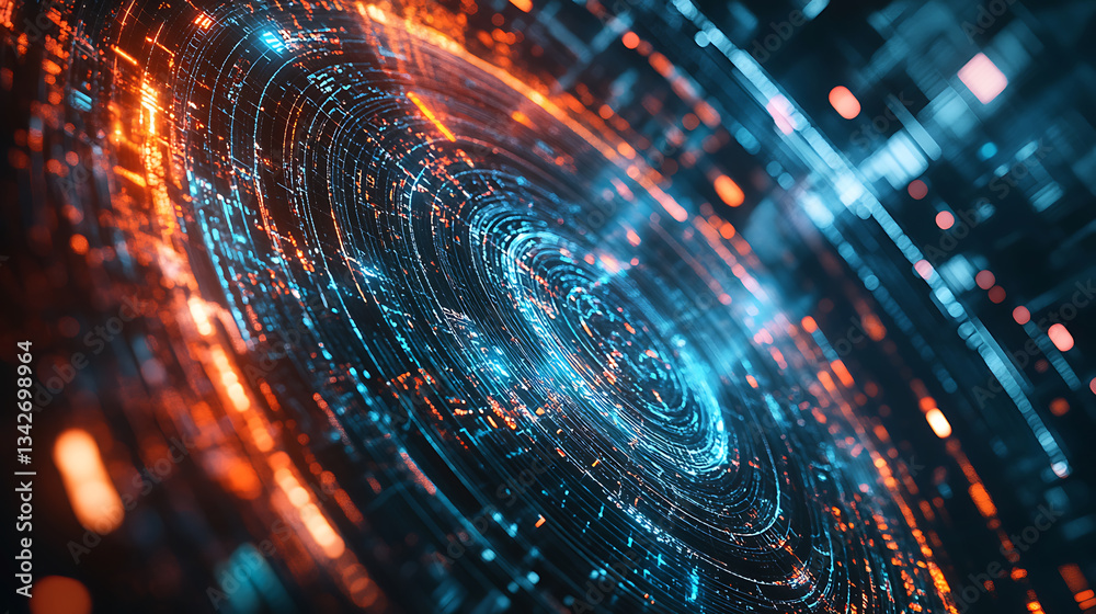 Poster a vibrant digital swirl of blue and orange lights, representing data flow and technology in an abstr