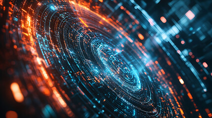 Obraz premium A vibrant digital swirl of blue and orange lights, representing data flow and technology in an abstract, futuristic design