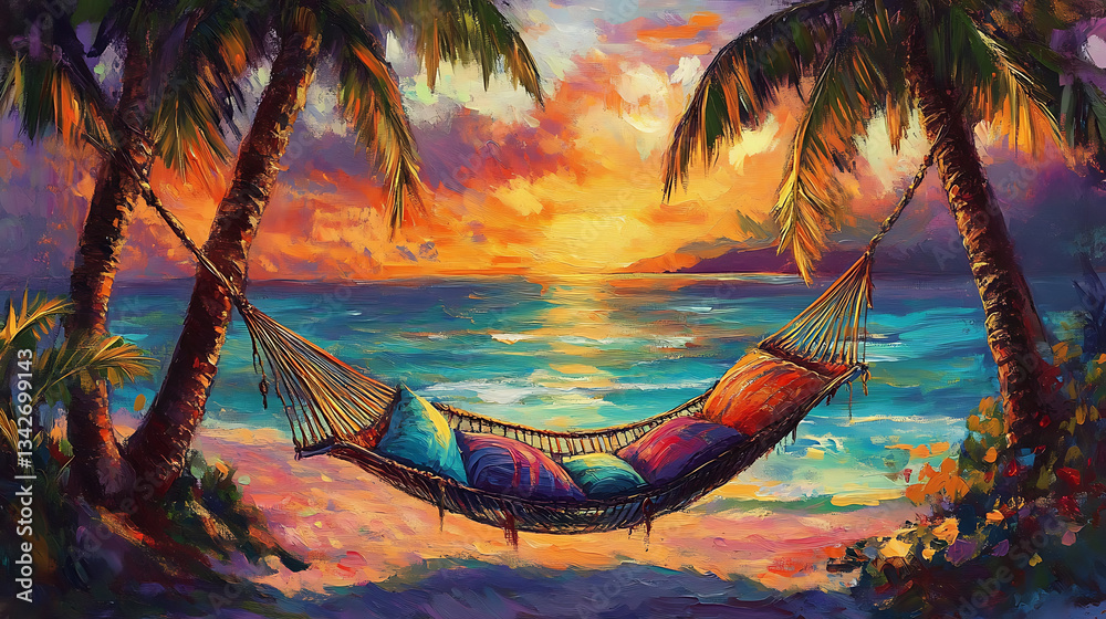 Poster a vibrant sunset scene featuring a hammock between palm trees on a beach, inviting relaxation and tr
