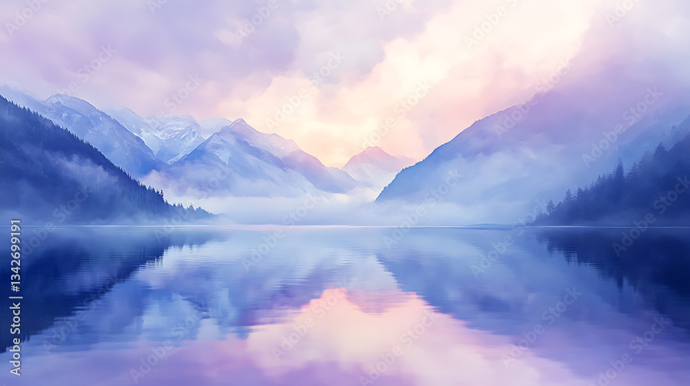 Poster a serene landscape featuring mountains reflected in a calm lake, enveloped by soft pastel hues and m