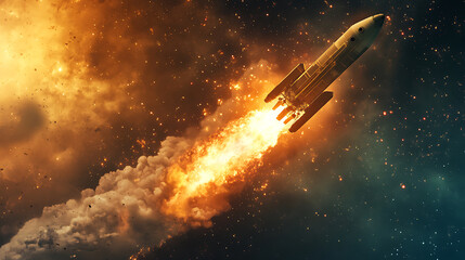 Obraz premium A rocket launches into space, emitting flames and smoke against a backdrop of stars and cosmic clouds