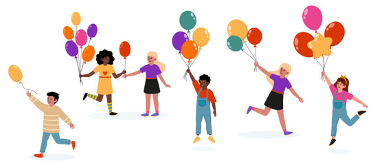 Children celebrating joyfully while holding colorful balloons in a festive atmosphere