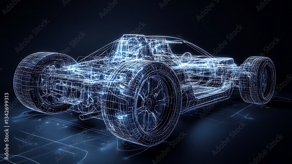 Aufkleber A futuristic car design rendered with a glowing wireframe effect against a dark background, highlighting its intricate structure and technology