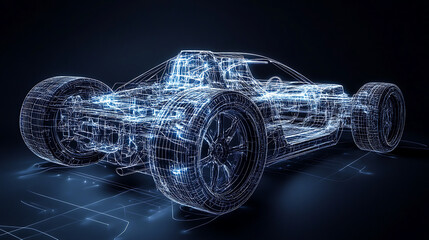Naklejka premium A futuristic car design rendered with a glowing wireframe effect against a dark background, highlighting its intricate structure and technology