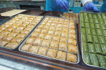 Delicious baklava and sweets on display in local bakery