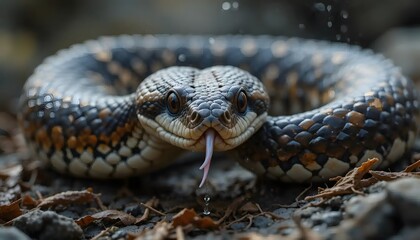 Fototapeta premium Snake Extends Tongue Observing From the Ground in Natural Habitat