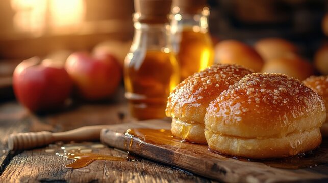 A joyous celebration of Rosh Hashanah, a Jewish New Year, where the aroma of honey and apples fills the air, and the echoes of ancient traditions resonate through the ages.