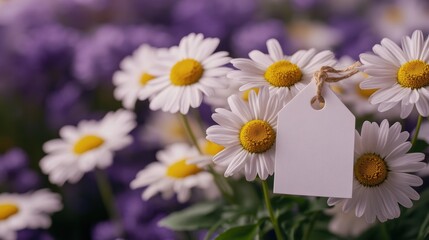 Obraz premium A bouquet of delicate chamomile flowers, each petal adorned with the faintest hint of lavender fragrance, rested gracefully on a pristine white tag, inviting a message of tranquility and serenity.