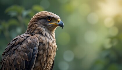 Fototapeta premium Hawk Gazing Intently Brown Feathers Against Green Bokeh Background Profile