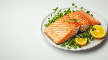 Delicious prepared salmon fillet rests on a plate garnished with lemon slices and microgreens ready to be served as a healthy and appetizing meal.