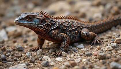 Fototapeta premium Lizard Walking on Rocky Ground Close-up with Detailed Scales