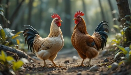 Fototapeta premium Two Roosters Standing Together in a Forest Clearing During Daytime