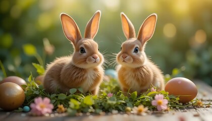 Obraz premium Two Rabbits Sitting in Grass with Decorated Eggs Celebrate Spring