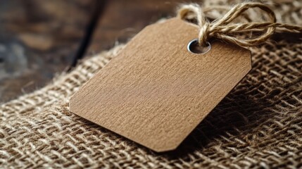 Empty tag on burlap, rustic wooden background