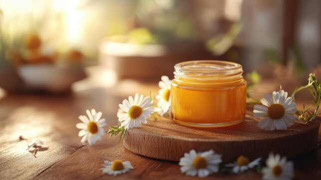 A soothing elixir of nature, crafted with chamomile flowers, organic ingredients, and a gentle touch, promising to nourish and rejuvenate the skin.