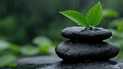 Fresh growth amidst rain.  Two dark stones stacked, with new leaves emerging