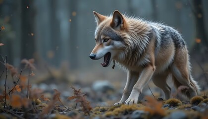 Obraz premium Wolf Walking Through Forest Roaring with Open Mouth and Sharp Teeth