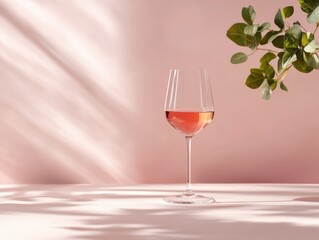 Pink wine glass, sunlight, pastel background