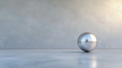 Silver Sphere on Smooth Concrete Floor with Minimalist Background and Soft Lighting