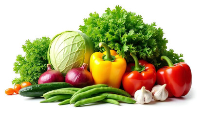 vibrant arrangement of organic vegetables on white background, includes lettuce, cabbage, red onion, cucumber, bell pepper, red tomato, garlic and kidney beans, perfect for showcasing healthy produce