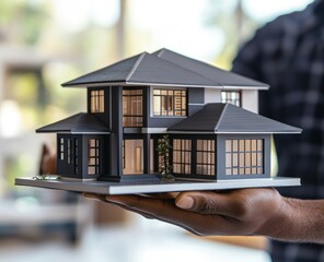 A hand holding a modern house model with illuminated windows, symbolizing real estate, home investment, and architecture. Ideal for property sales, housing projects, and mortgage planning