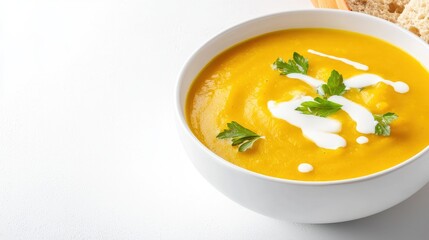 A creamy and vibrant bowl of pumpkin soup garnished with fresh parsley and a swirl of cream sits on a white background next to a slice of crusty bread perfect for a cozy autumn