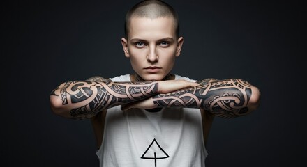 Bold Expression Through Tattooed Arms on Confident Individual in Stylish Attire, Showcasing Unique Body Art Design