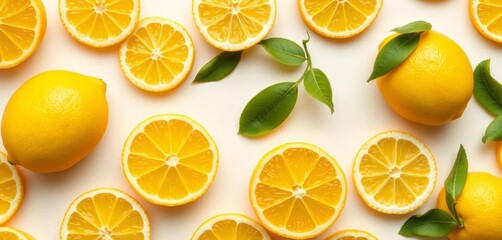 Obraz premium Seamless pattern of whole lemons and lemon slices on white background, digital, yellow