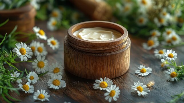 A rustic wooden jar, adorned with delicate chamomile flowers, held a golden elixir of organic, natural moisturizer cream, promising a touch of soothing comfort and revitalization.