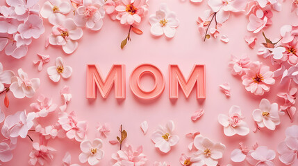 un fondo rosa con flores pequeñas y elegantes con espacio al centro con la palabra mom para festejar el dia de la madre para tarjeta de festejo creativa