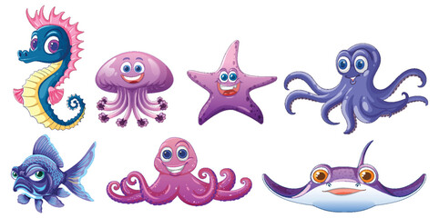 Colorful Sea Creatures Cartoon Illustration