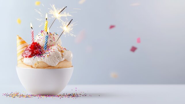 A delightful bowl of vanilla ice cream with colorful sprinkles, candles, and sparklers celebrates a birthday with festive confetti on a light blue background.