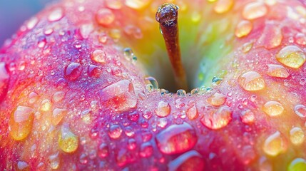 A close up shot of a wet colorful apple