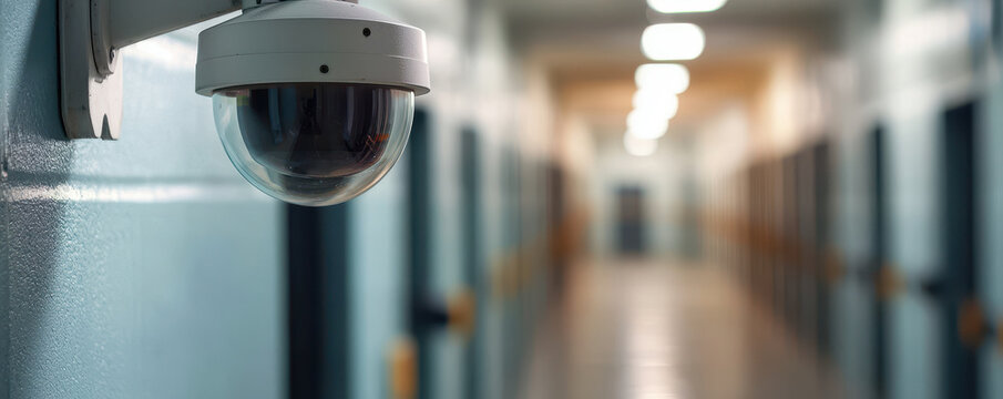 security camera monitors long, empty hallway in secure facility