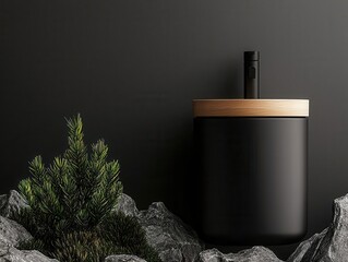 Matte black container toilet with wood accents, positioned in a rocky landscape with sparse greenery, isolated, container toilet, modern minimalist design