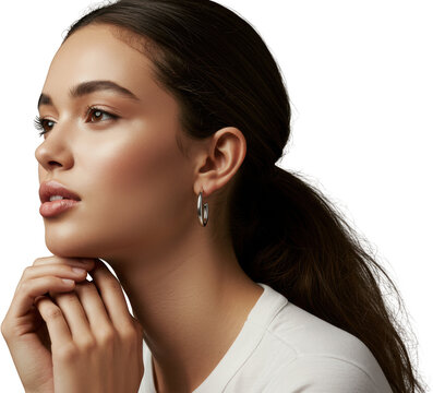 Beautiful Young Woman with Long Brown Hair Wearing Silver Hoop Earrings