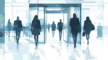 The image shows silhouettes of numerous business people walking through revolving doors into a bright, modern office building. The setting appears to be a large, open lobby with glass walls and a