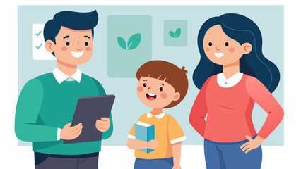Smiling parents listening intently as teachers highlight their childs strengths and areas for improvement.. Vector illustration