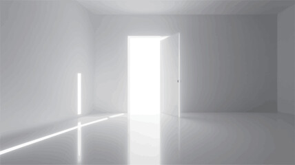 Fototapeta premium The image shows a digitally rendered, minimalist interior scene. A white room features a slightly ajar door, emanating a bright, white light. The floor and walls are seamless white, highly